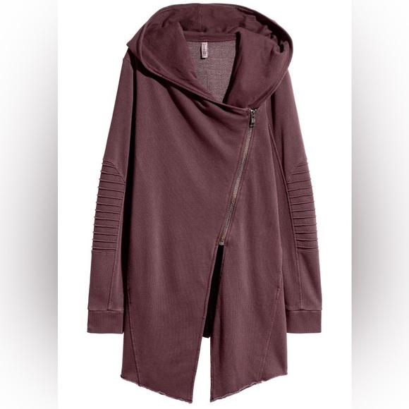 Hooded Sweatshirt Cardigan H&M dark burgundy diagonal zip rock grunge biker - Picture 1 of 2